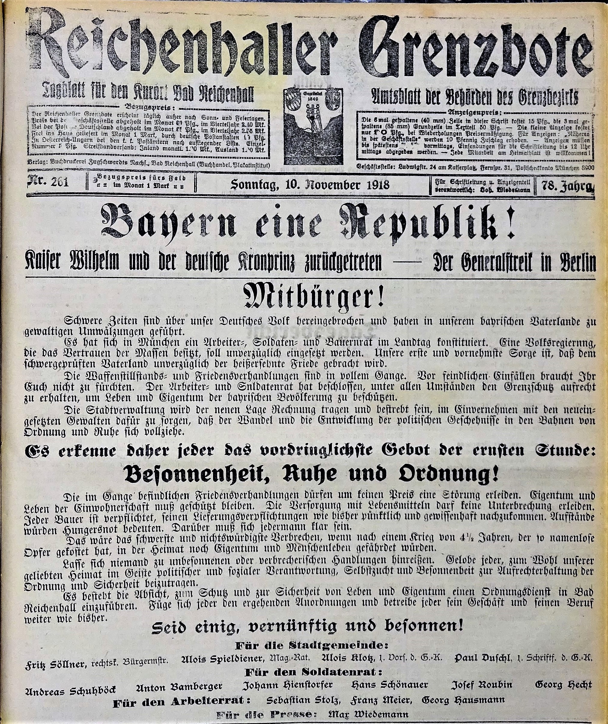Titel des Reichenhaller Grenzboten vom 10. November 1918