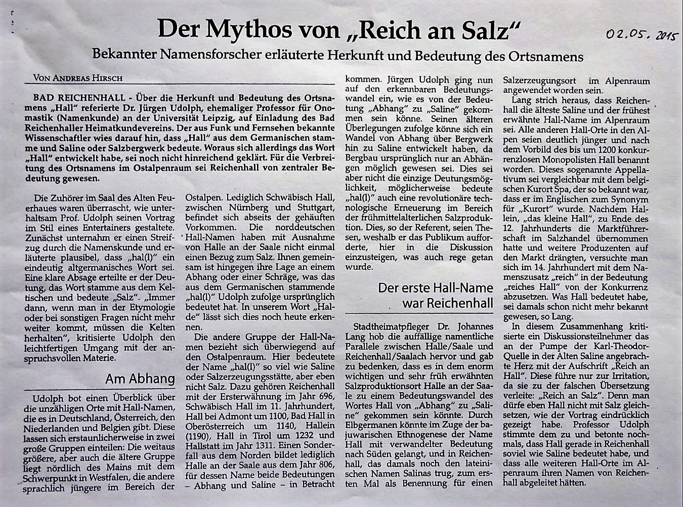 Bericht im Reichenhaller Tagblatt vom 02.05.2015