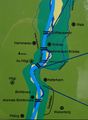 Die Saalach zwischen dem Walserberg und Wals. Dunkelblau: Ursprünglicher Fluss, Hellblau: Regulierter Flusslauf
