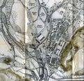 Triftanlagen, von Süden (Unten): Triftrechen, Haupttriftkanal mit Schleusen, Fürschlacht, Holzgärten. Ausschnitt aus einem Stadtplan von 1864